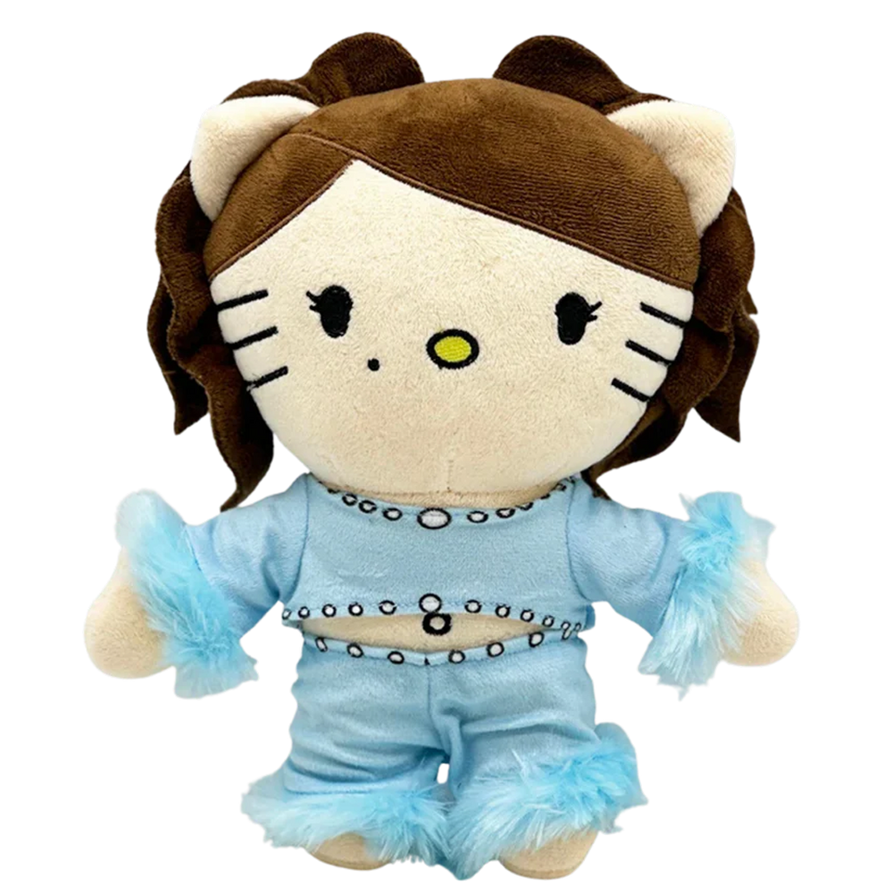 THE KALI VENUS R&B plush collectible, music soft sculpture in light-blue crop top and trousers with feather-trim cuffs and silver beading