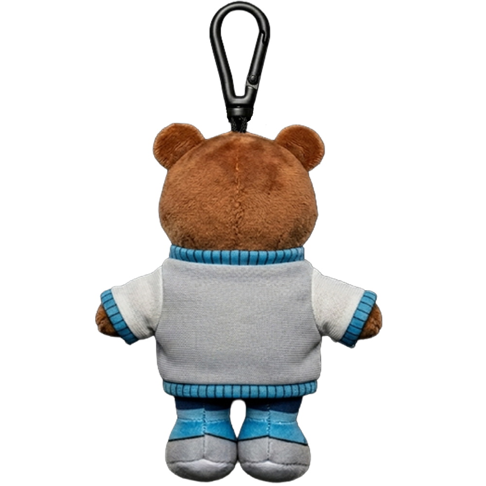 THE DROPOUT BEAR bear plush collectible, blue-and-white ribbed trim with U chest identifier