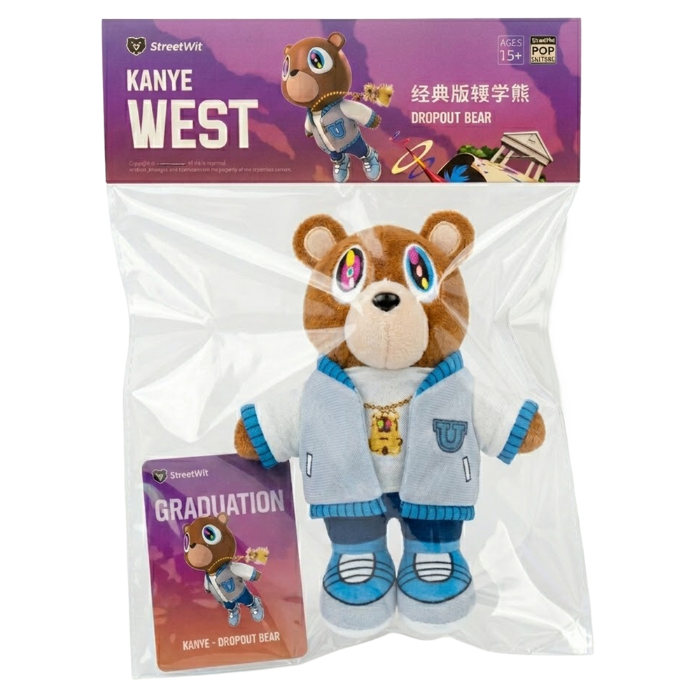 THE DROPOUT BEAR bear plush collectible, white tee with chain graphic and color-blocked footwear
