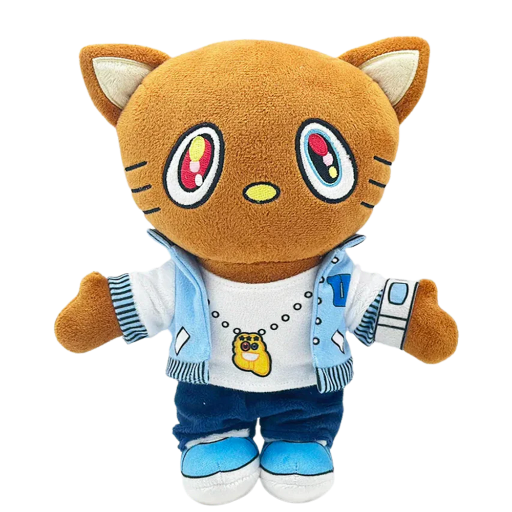 THE DROPOUT rapper plush collectible, soft sculpture figure in light-blue varsity jacket with multi-tone ocular art