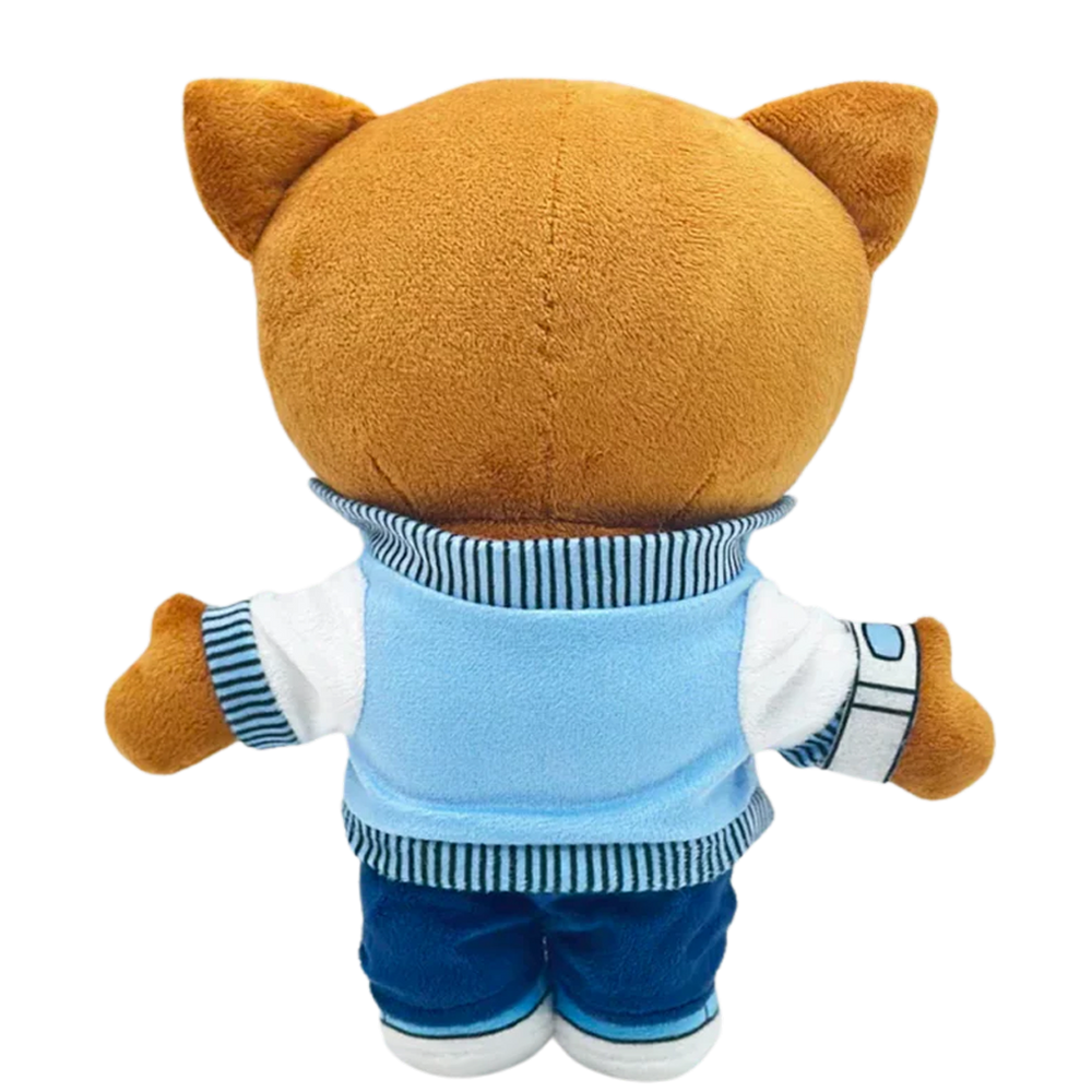 THE DROPOUT rapper plush collectible, silver beaded-chain pendant, wrist timepiece and denim-tone trousers