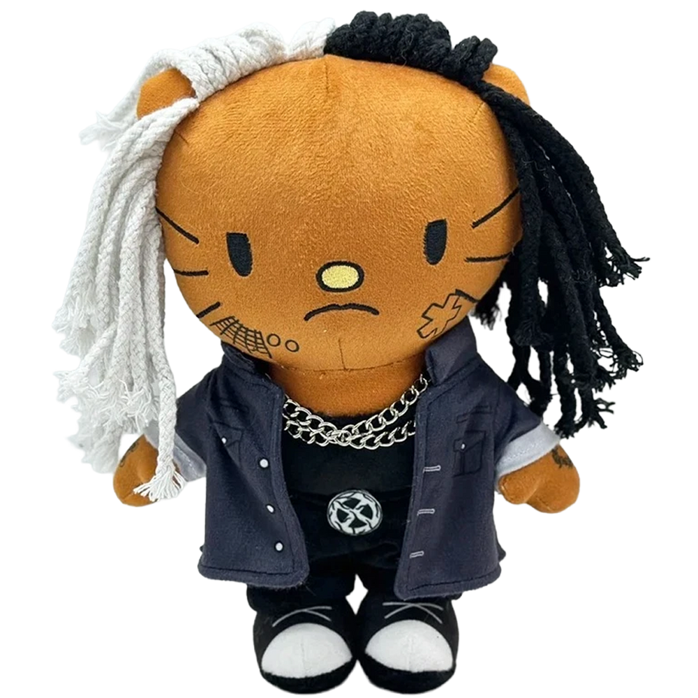 THE CHAOS rapper plush collectible, soft sculpture figure with split-tone bleached-and-black rope hair and facial script