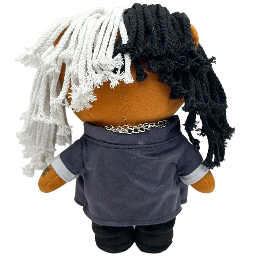 THE CHAOS rapper plush collectible, charcoal denim jacket, double-layer silver Cuban chain and circular X belt buckle
