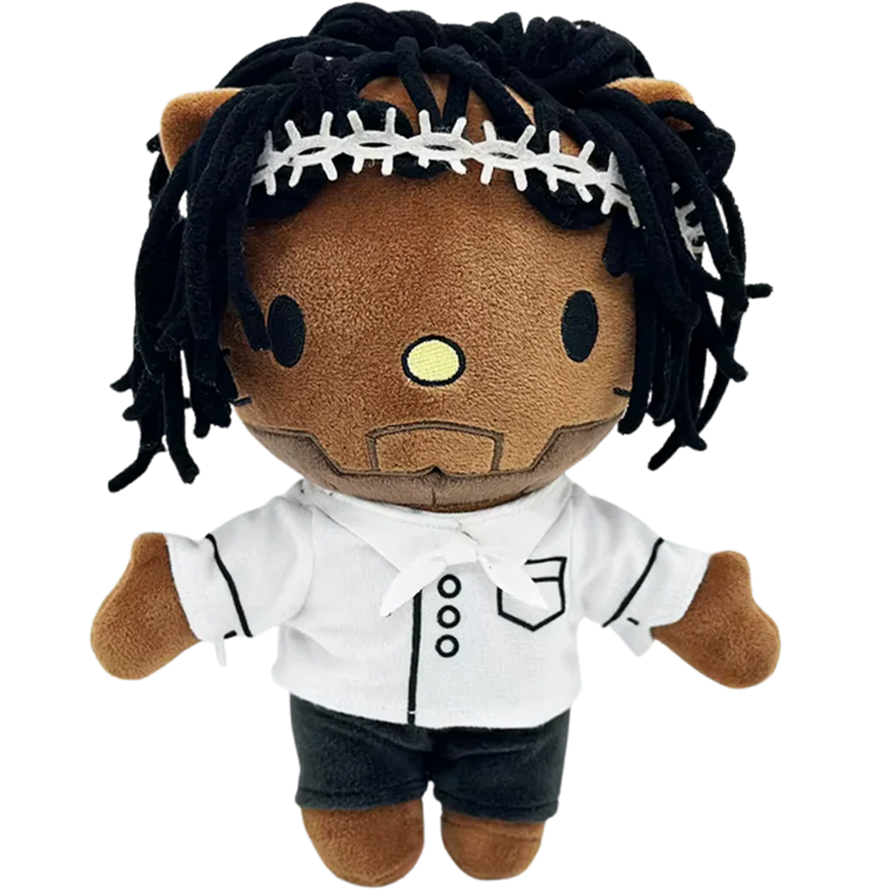 THE MR MORALE rapper plush collectible, soft sculpture with white thorn-motif crown headband and black-piped button-down