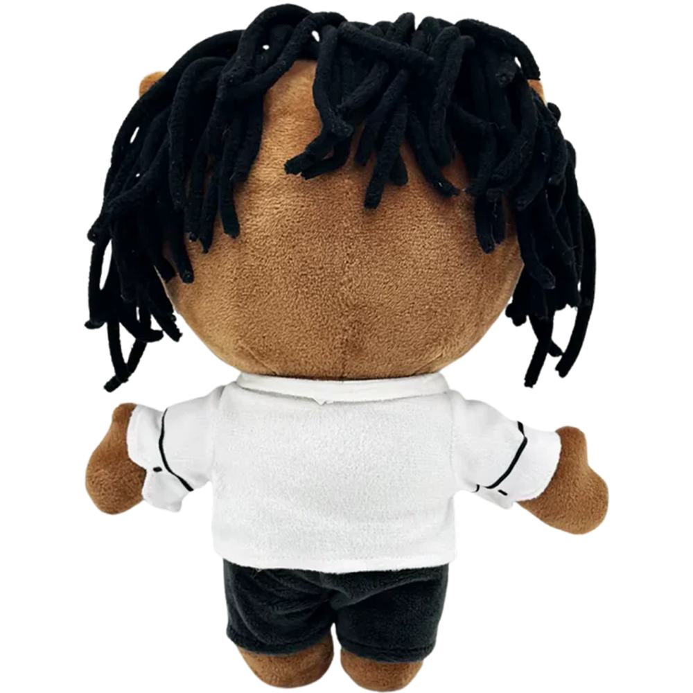 THE MR MORALE rapper plush collectible, charcoal rope-textured hair and goatee with charcoal trousers, hip-hop icon display figure