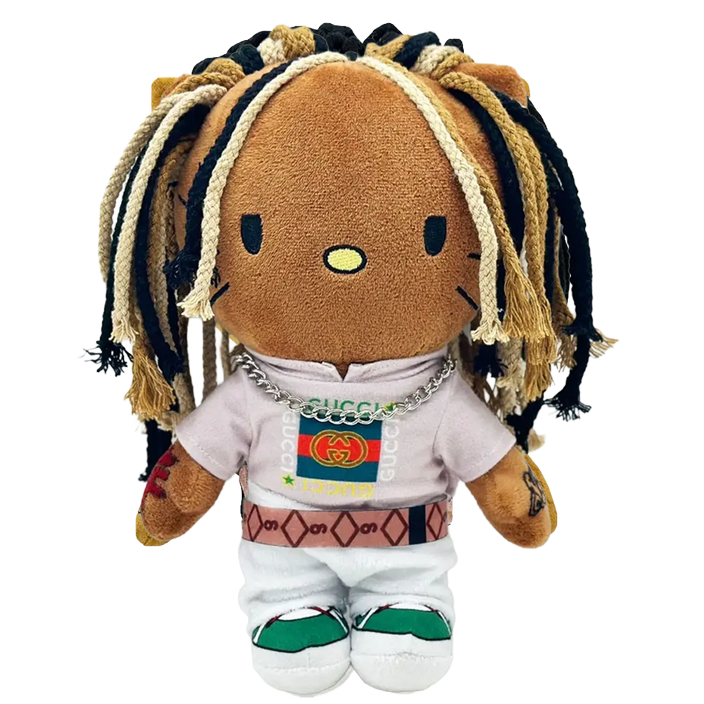 THE VON rapper plush collectible, hip-hop soft sculpture in off-white tee with red-green stripe graphic and tri-tone footwear