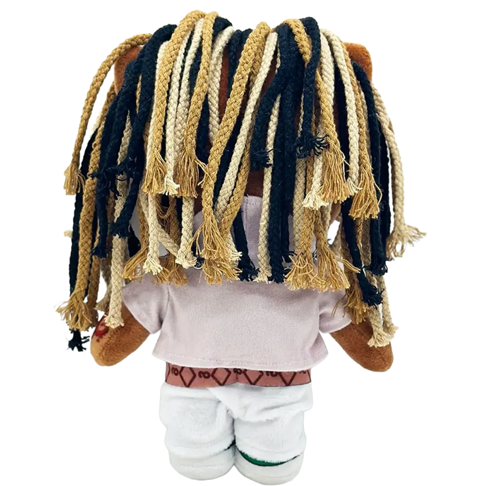 THE VON rapper plush collectible, hip-hop soft sculpture showing tri-tone charcoal-blonde-sand rope hair and forearm ink