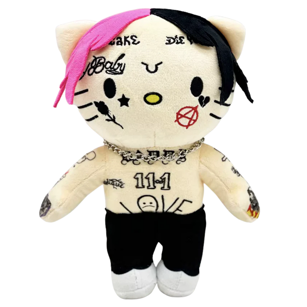 THE HELLBOY rapper plush collectible, soft sculpture figure with split-tone pink-and-black hair and full-body ink mapping