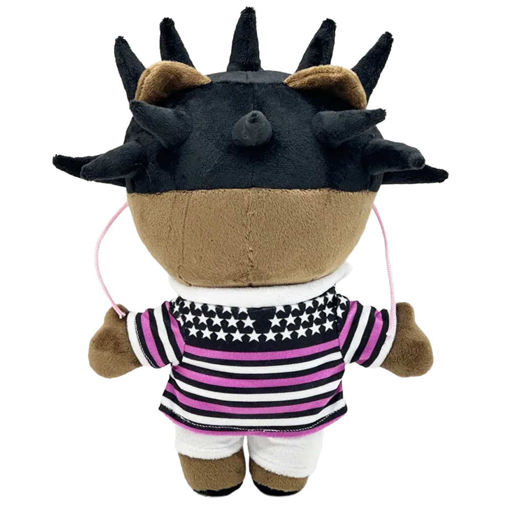 THE BABY PLUTO rapper plush collectible, hip-hop soft sculpture showing forehead script and spiked 3D textile hair
