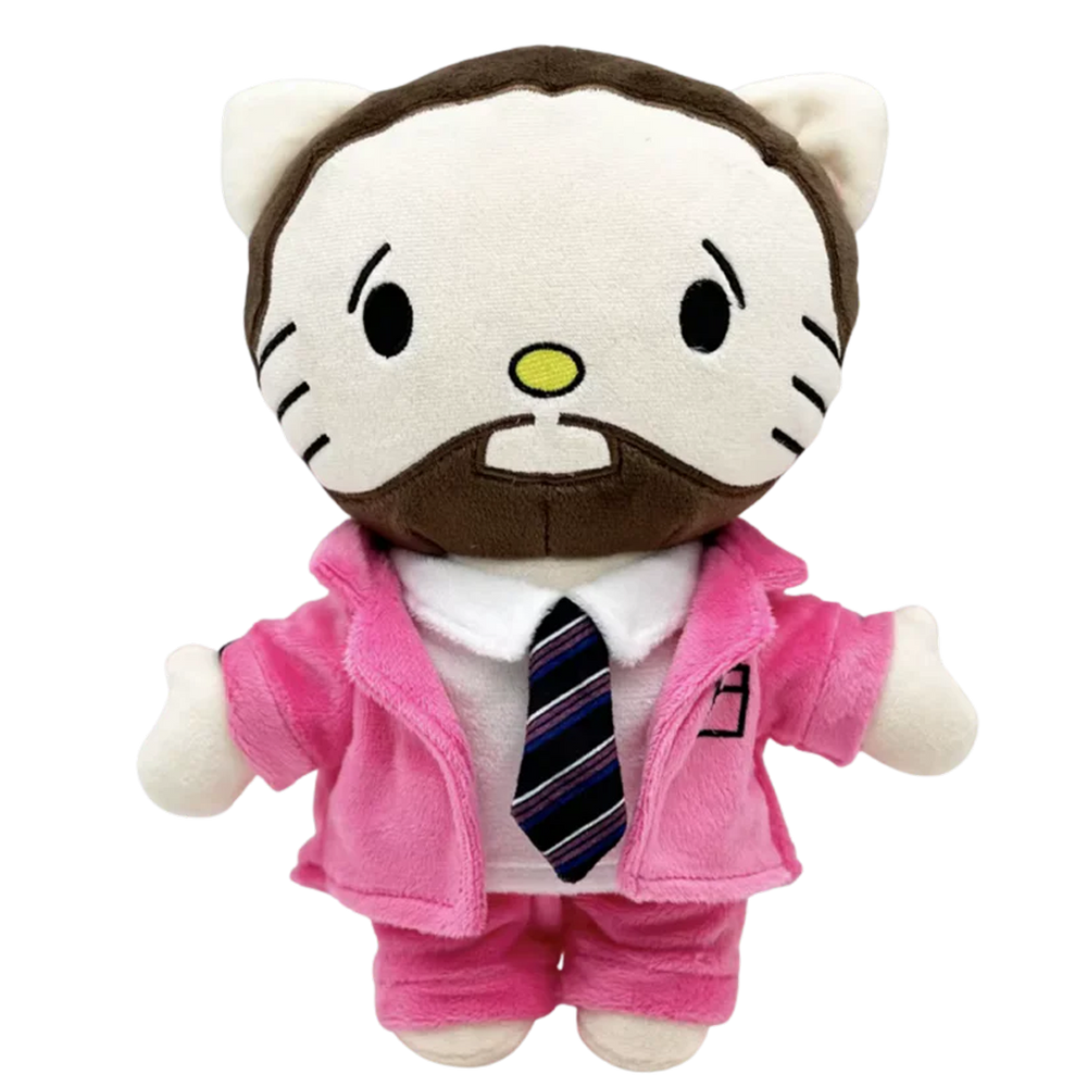 THE SWIMMING rapper plush collectible, soft sculpture figure in high-chroma pink blazer with diagonal-striped tie