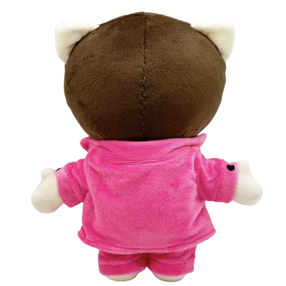 THE SWIMMING rapper plush collectible, white button-down, pink technical trousers and brunette hairline on icon figure