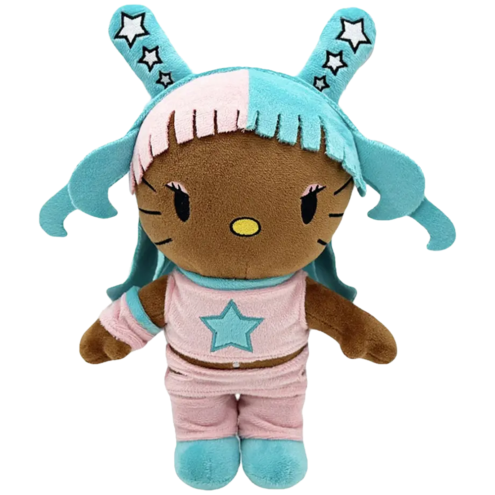 THE HOUSTON STALLION rapper plush collectible, soft sculpture figure with split-tone pink-and-teal star-mapped pigtails