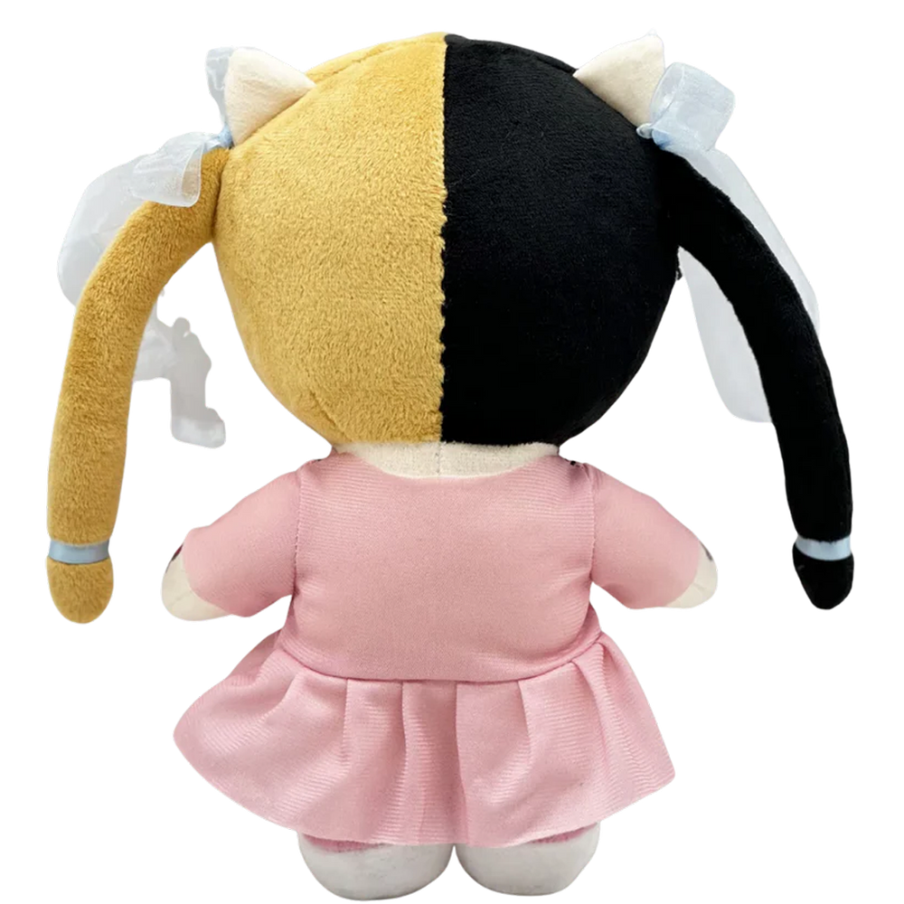 THE K-12 pop plush collectible, split-tone blonde-and-black hair with light-blue sheer pigtail ribbons, pop icon display figure