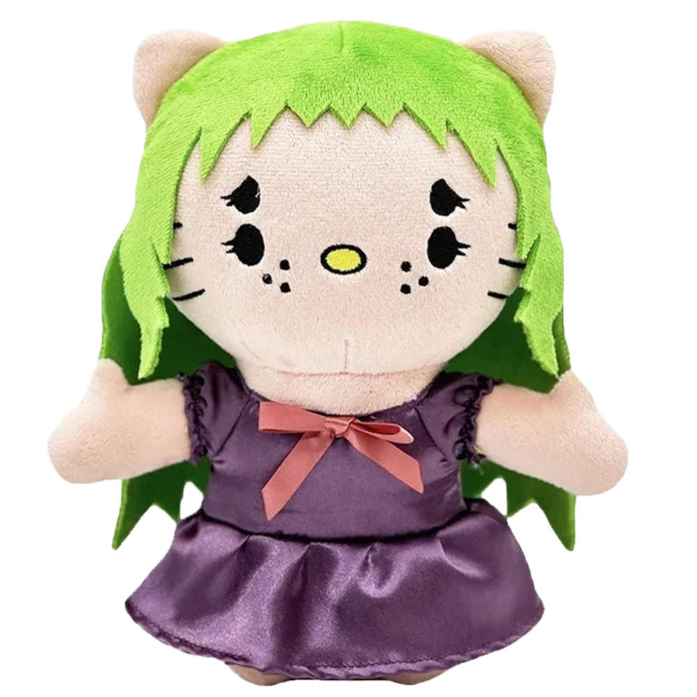 THE CREATURE pop plush collectible, soft sculpture in deep plum satin ruffled dress with rose-tone ribbon