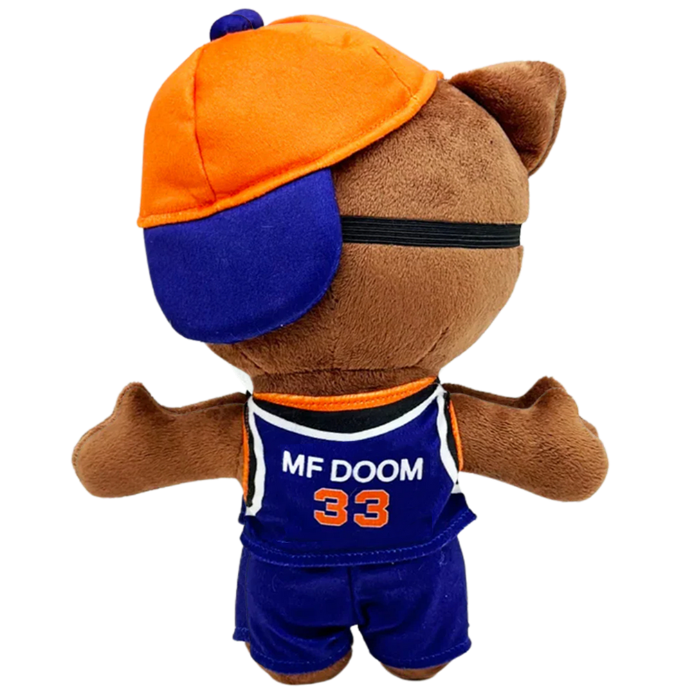 THE VILLAIN rapper plush collectible, cobalt jersey with orange ribbing, numeral nameplate and orange-and-blue cap