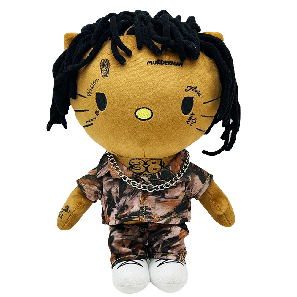 THE YOUNG BOY rapper plush collectible, hip-hop soft sculpture in brown-black-tan patterned button-down set with white footwear