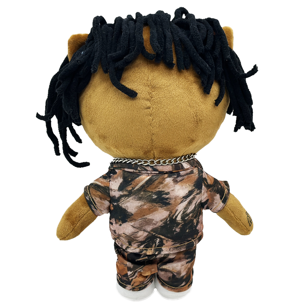 THE YOUNG BOY rapper plush collectible, hip-hop soft sculpture showing 38 neck monogram, facial script ink and silver beaded chain