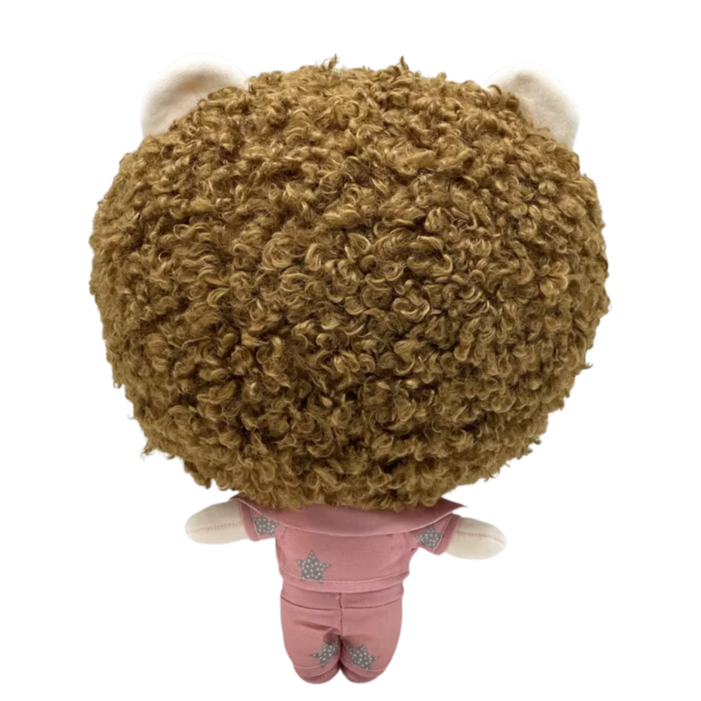 THE POST music plush collectible, soft sculpture showing barbed-wire hairline ink, dagger motifs and brunette curly hair