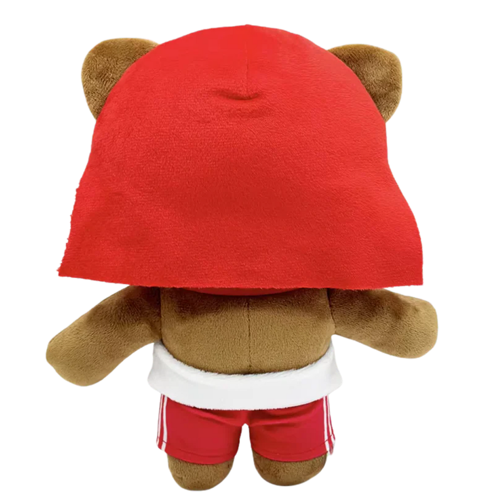 THE SKEE rapper plush collectible, red textile hair, black-rimmed eyewear and drawstring shorts, hip-hop icon display figure