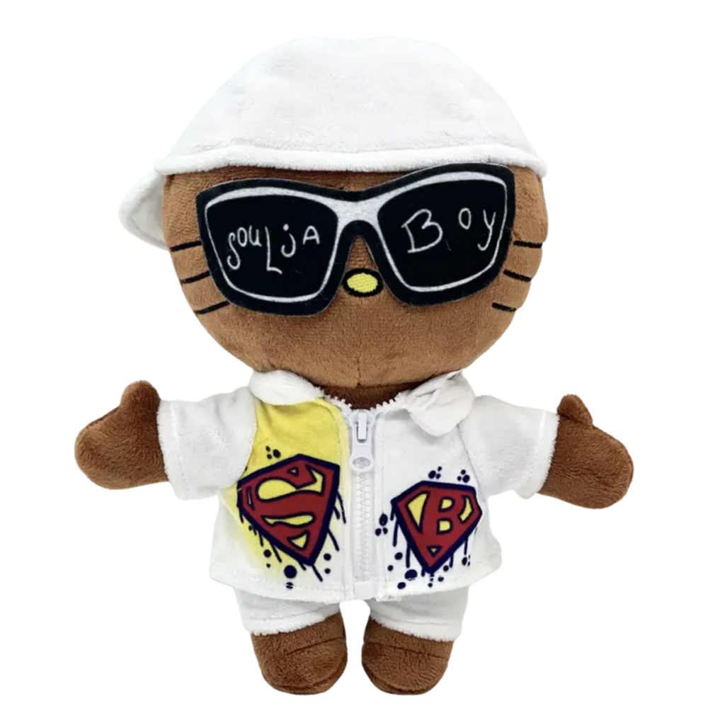 THE FIRST EVER rapper plush collectible, soft sculpture figure with split-tone ash-blonde hair and white-frame eyewear