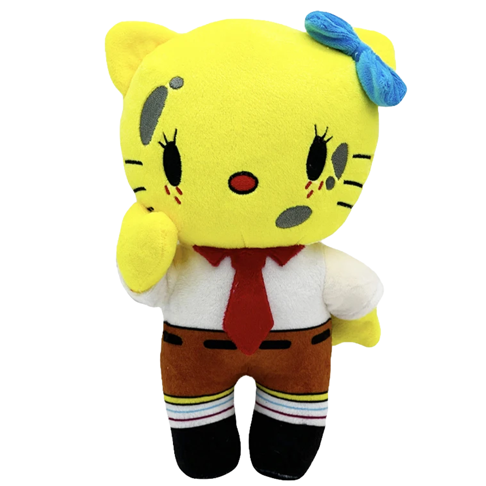 Yellow cat-form custom plushie with a blue bow, red tie and brown shorts