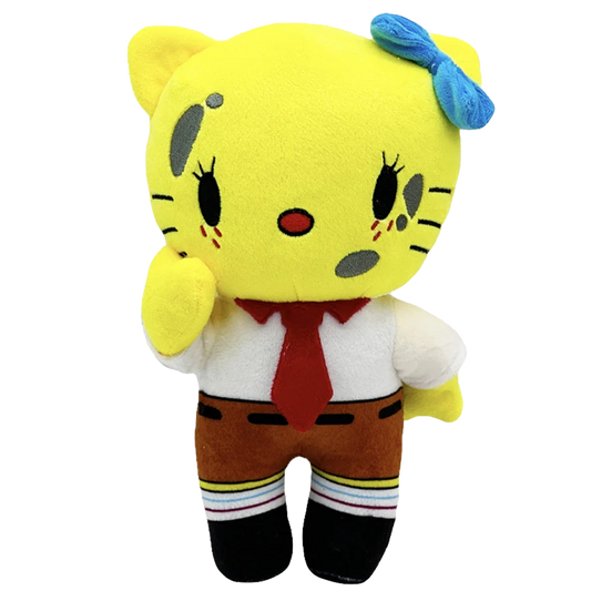 Yellow cat-form custom plushie with a blue bow, red tie and brown shorts