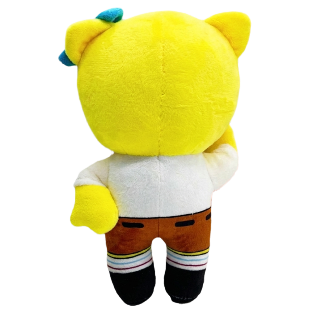 Yellow cat-form custom plushie with a blue bow, red tie and brown shorts, view 2
