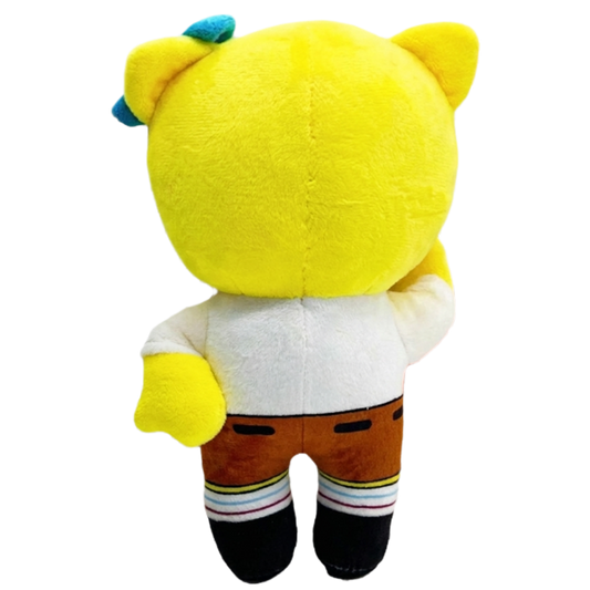 Yellow cat-form custom plushie with a blue bow, red tie and brown shorts, view 2