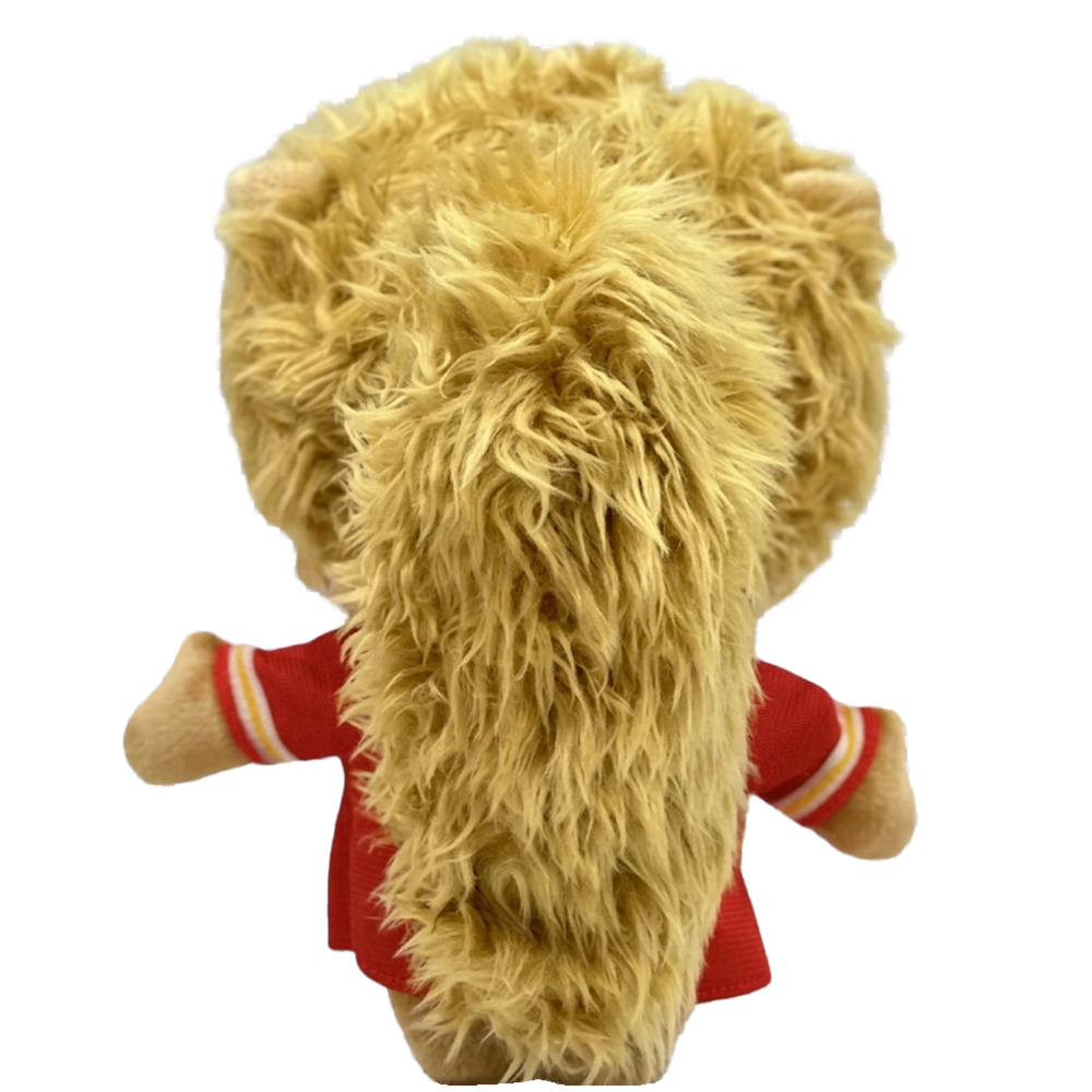 THE SWIFT pop plush collectible, soft sculpture showing voluminous golden-blonde curly hair and signature lash detailing