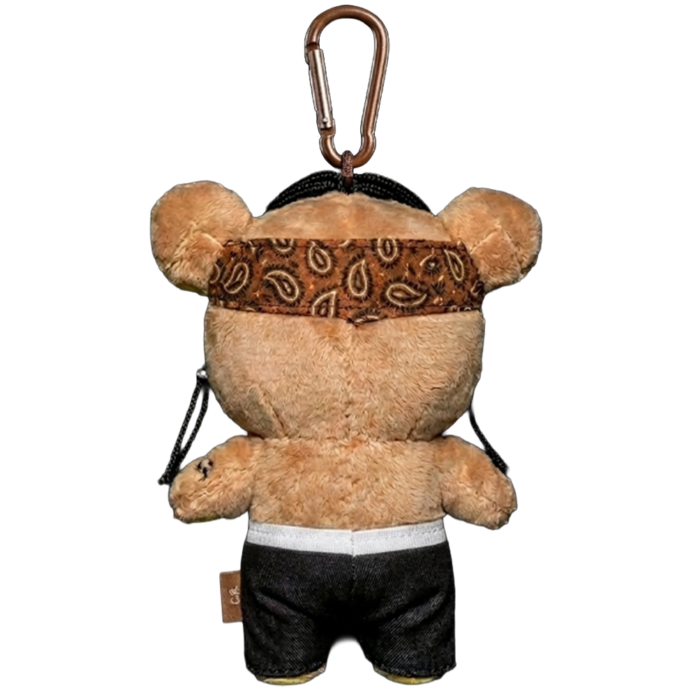 THE CACTUS KUMA bear plush collectible, raw-edge black denim and brown paisley bandana