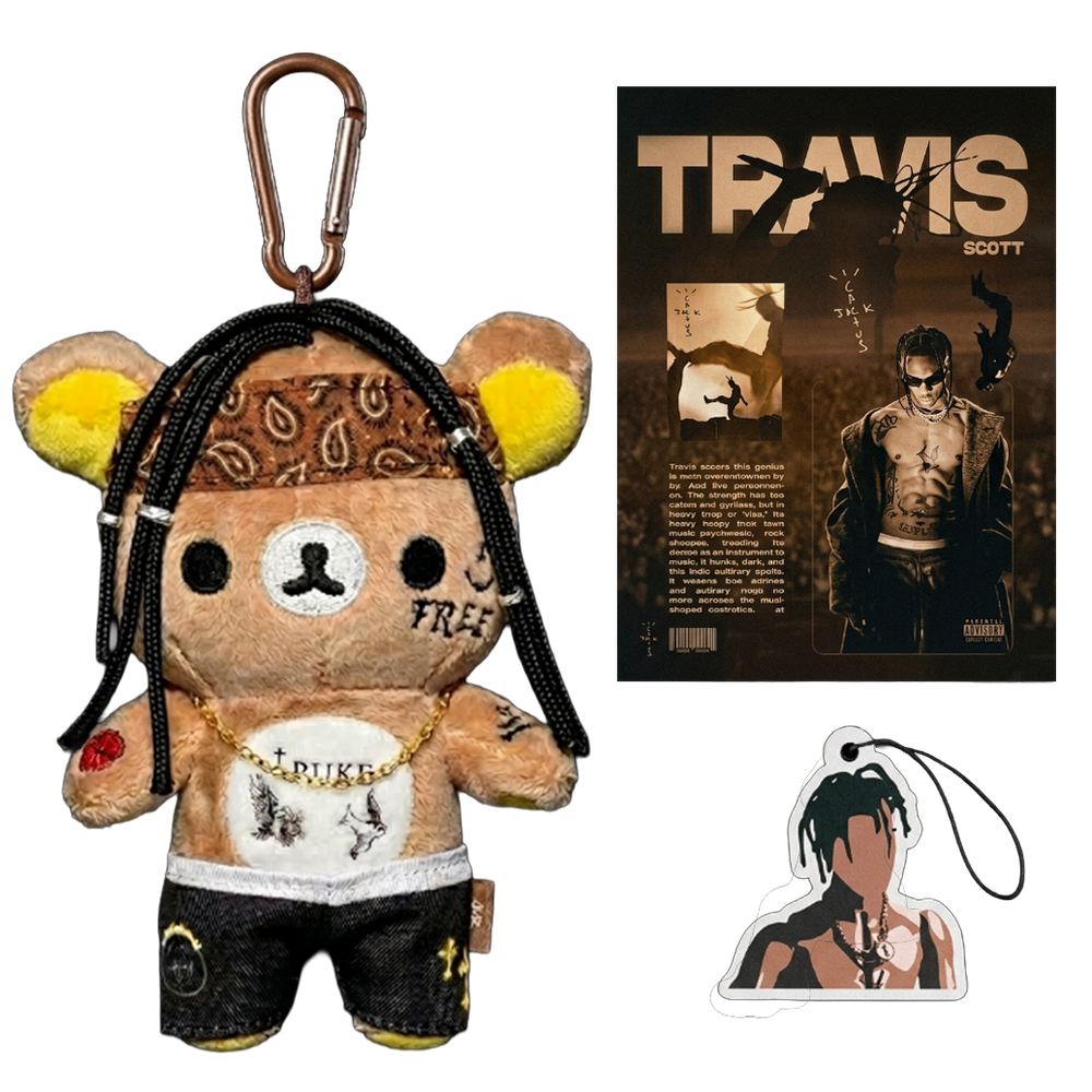 THE CACTUS KUMA bear plush collectible, black cordage hair with silver beads and gold curb chain