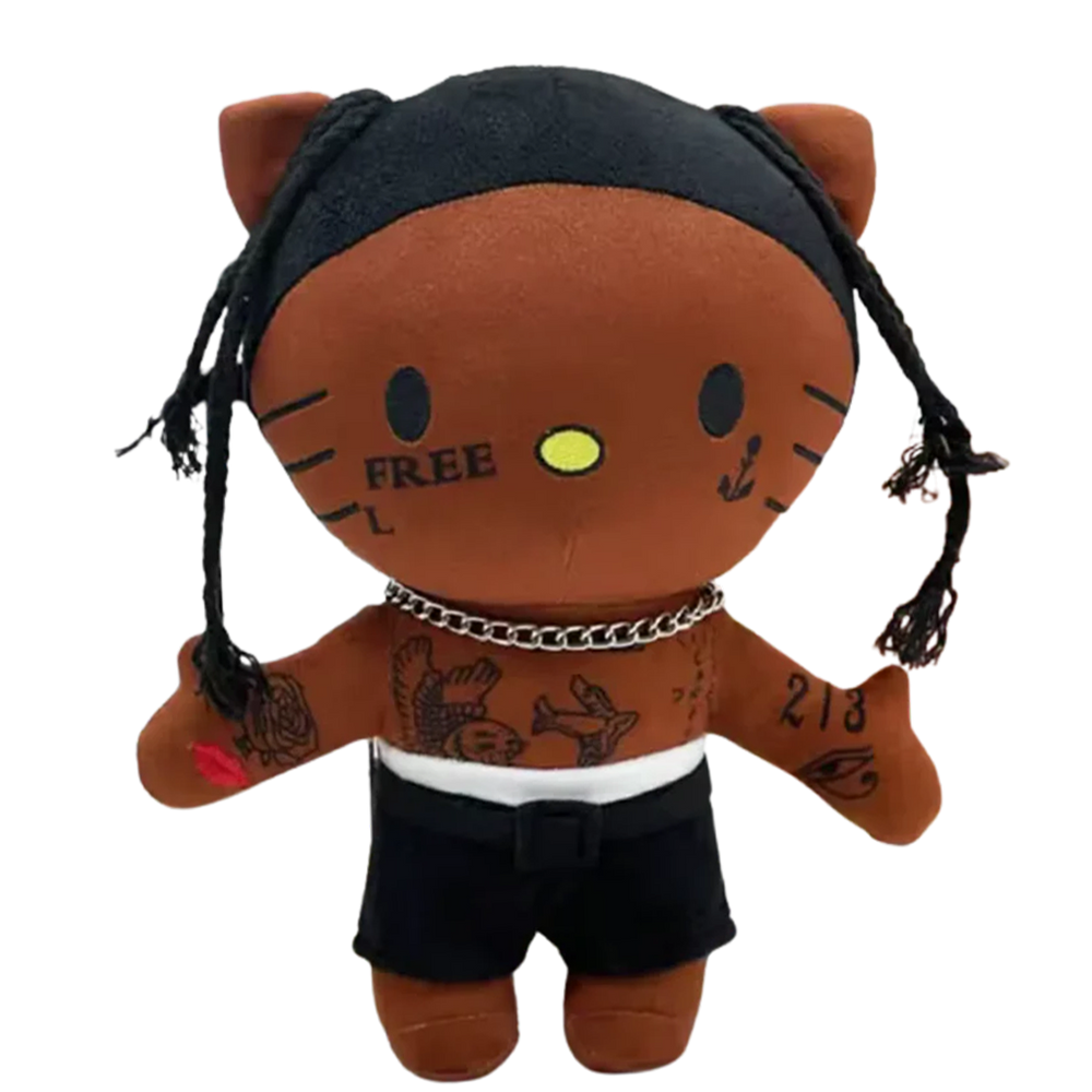 THE CACTUS JACK rapper plush collectible, hip-hop soft sculpture in black utility shorts with belt buckle and white layering