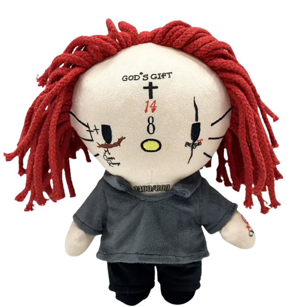 THE BIG 14 rapper plush collectible, hip-hop soft sculpture figure with deep red rope-textured hair and embroidered facial script