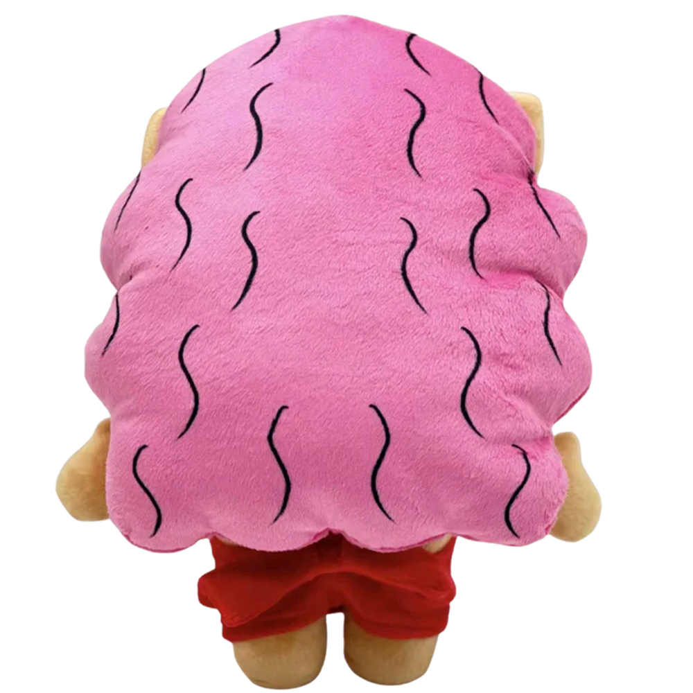 THE REDD rapper plush collectible, red archival skirt with white cross icon and silver nameplate chain