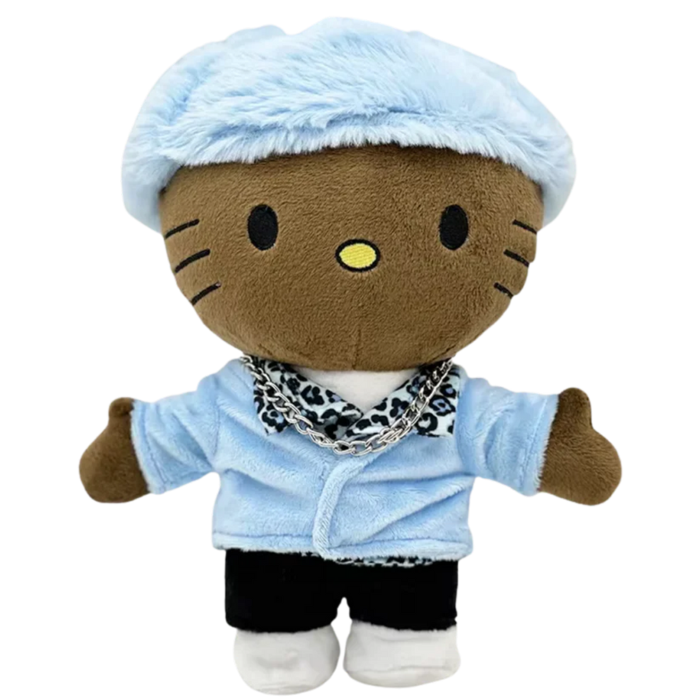 THE CREATOR rapper plush collectible, soft sculpture in baby-blue velvet cardigan with leopard-patterned collar