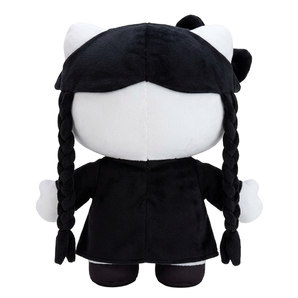 THE WEDNESDAY character plush collectible, dual braids, side-swept bangs and deep-purple socks on monochrome icon figure