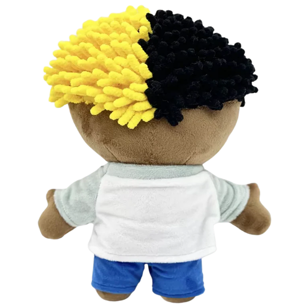THE REVENGE rapper plush collectible, grey-and-white raglan tee and cobalt technical shorts on icon figure